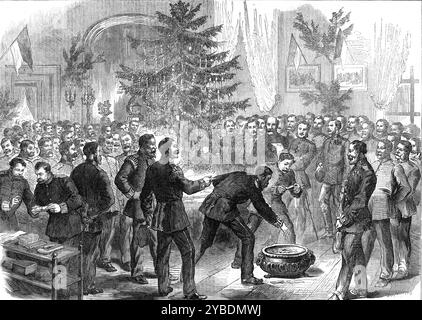 Heiligabend der Deutschen in Frankreich, 1871. "Unser Spezialkünstler, Mr. Landells, wurde in der preußischen Zentrale in Versailles eingeladen, zusammen mit dem Korrespondenten des Daily Telegraph, und mit einem amerikanischen Militäroffizier, zur Weihnachtsfeier des Grafen von Alvensleben, Kapitän der fünften Kompanie des zweiten Bataillons der 2. Regiment der Preußischen Garde Landwehr, im Dorf Fontenay-le-Fleury... wurde im Hauptsalon des Hauses Ein großer Weihnachtsbaum aufgestellt... führte der Gastgeber seine englischen Besucher zum fest-Saal, wo sie die Gesellschaft von sol fanden Stockfoto