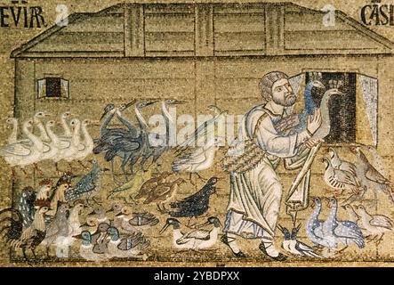 Noah befreit die Tiere aus der Arche, Mosaik aus dem Pala d'Oro oder goldenem Altar, Markusdom, Venedig, Italien, 12.-14. Jahrhundert. Stockfoto