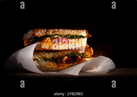 Köstliches hausgemachtes Gourmet-Sandwich mit Spiegelei und geschmolzenem Käse, Tomatenscheiben und Basilikumblättern Stockfoto