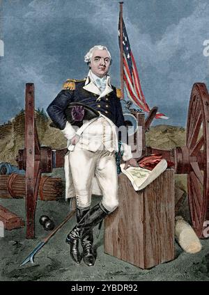 Henry Knox, amerikanischer Offizier, 19. Jahrhundert. Knox (1750–1806) war ein Offizier der Kontinentalarmee und später der United States Army. (Farbiger Schwarzweiß-Druck). Stockfoto