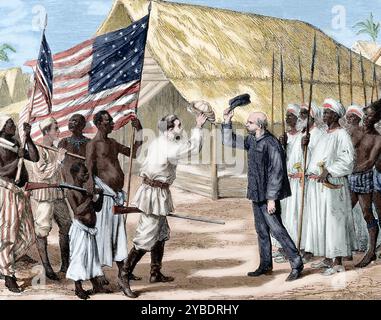 Treffen zwischen Henry Morton Stanley und David Livingstone, Afrika, November 1871 (19. Jahrhundert). Der US-amerikanische Journalist Henry Morton Stanley (1799–1869) findet den britischen Missionar David Livingstone (1813–1873) im Dorf Ujiji am Tanganjikasee. Stanley behauptete später, Livingstone mit der berühmten Zeile „Dr. Livingstone, I Presume?“ begrüßt zu haben. (Farbiger Schwarzweiß-Druck). Stockfoto