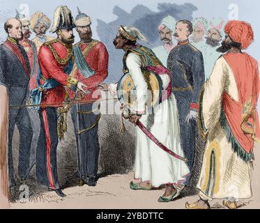 Interview zwischen dem Prinzen von Wales und dem Maharana von Oudeypour, Indien, 19. Jahrhundert. Der zukünftige König Eduard VII. Tourte 1875–1876 durch Indien, wo er Sajjan Singh, Maharana von Udaipur, kennenlernte. (Farbiger Schwarzweiß-Druck). Stockfoto