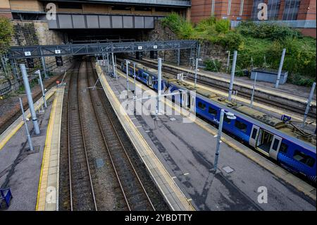 Ein Scotrail-Zug wartet an einem Bahnsteig in der Queen Street Station, Glasgow, Schottland, Großbritannien, Europa Stockfoto