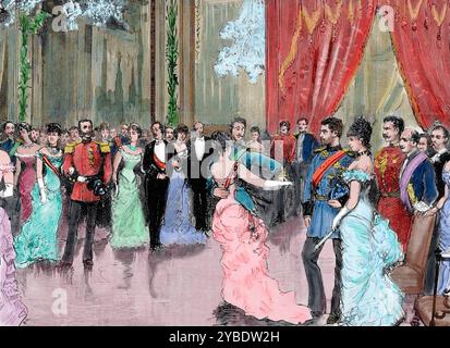 Prinz Ludwig Ferdinand von Bayern und Infantin Maria de la Paz von Spanien, Königspalast von Madrid, Spanien, 1883. Tanz zu Ehren des frisch vermählten Ludwig Ferdinand (1859–1949) und Infantin Maria de la Paz (1862–1946), die Cousins waren. Aus „La Ilustración Española y Americana“ (spanische und amerikanische Illustration), 1883. (Farbiger Schwarzweiß-Druck). Stockfoto