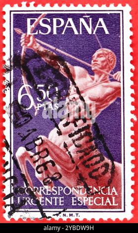 Foto einer 1966 gestempelten spanischen Briefmarke mit 6,50 Peseten mit einem Bild einer Centaur Express Post 1956-1966 Serie Stockfoto