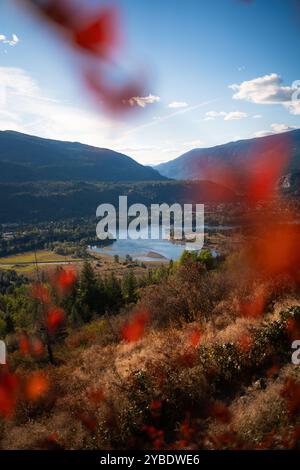 Herbstlicher Blick auf einen ruhigen Fluss, der sich durch Berge schlängelt, mit lebhaftem Laub im Vordergrund an einem sonnigen Tag Stockfoto