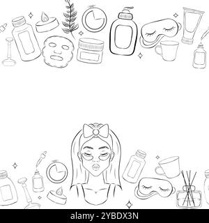 Nahtlose Vektorrandung von verschiedenen Umrissflaschen, Röhrchen, Flakons, Kosmetikprodukten in Linienart. Textur auf dem Thema Schönheitsindustrie, Haut c Stock Vektor