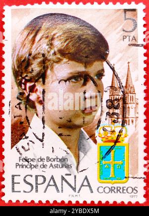 Foto einer gestempelten 5 spanischen Peseten-Briefmarke mit einer Illustration eines jungen Kronprinzen Philipp von Borbón Prinz von Asturien, ausgestellt 1977 Stockfoto