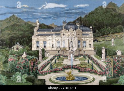 Schloss Linderhof, 1886. Das Schloss Linderhof im Südwesten Bayerns ist das kleinste der drei Paläste, die König Ludwig II. Von Bayern (1845–1886) errichtete. Aus „La Ilustraci&#xf3;n Espa&#xf1;ola y Americana“ (spanische und amerikanische Illustration), 1886. (Farbiger Schwarzweiß-Druck). Stockfoto