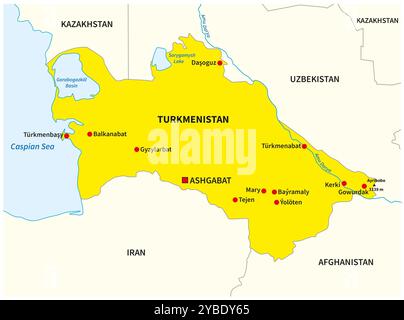 Einfache gelbe Übersichtskarte Turkmenistans Stockfoto