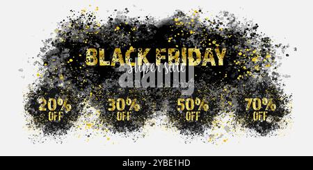 Goldener schwarzer freitag-Text, der von einer schwarzen Explosion auftaucht. Black friday Design und Rabatte für Werbung, Banner, Faltblätter, Flyer, Aufkleber Stock Vektor