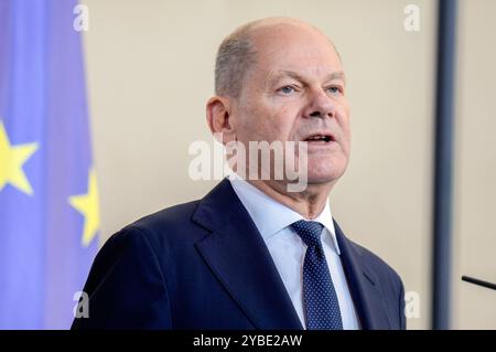 OLAF Scholz beim Pressestatement nach dem bilateralen Gespräch des amerikanischen Präsidenten mit dem Bundeskanzler im Bundeskanzleramt. Berlin, 18.10.2024 Stockfoto