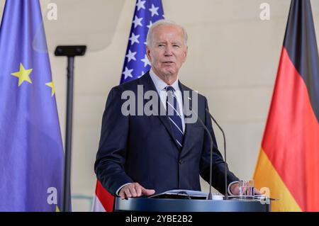 Joe Biden beim Pressestatement nach dem bilateralen Gespräch des amerikanischen Präsidenten mit dem Bundeskanzler im Bundeskanzleramt. Berlin, 18.10.2024 Stockfoto