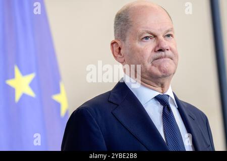 OLAF Scholz beim Pressestatement nach dem bilateralen Gespräch des amerikanischen Präsidenten mit dem Bundeskanzler im Bundeskanzleramt. Berlin, 18.10.2024 Stockfoto