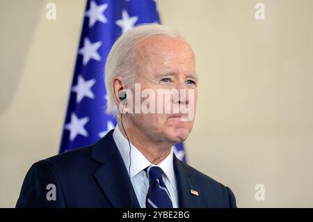 Joe Biden beim Pressestatement nach dem bilateralen Gespräch des amerikanischen Präsidenten mit dem Bundeskanzler im Bundeskanzleramt. Berlin, 18.10.2024 Stockfoto