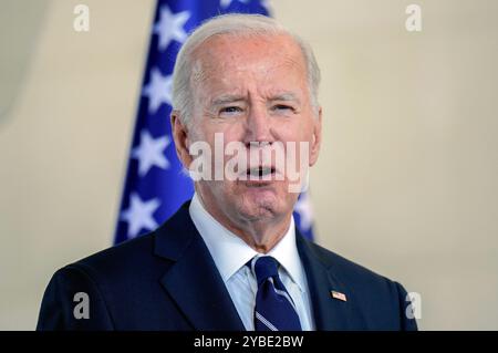 Joe Biden beim Pressestatement nach dem bilateralen Gespräch des amerikanischen Präsidenten mit dem Bundeskanzler im Bundeskanzleramt. Berlin, 18.10.2024 Stockfoto