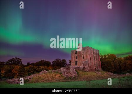 Die Nordlichter über Norham Castle, Northumberland, England, Großbritannien Stockfoto