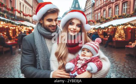 Ein festliches Familienporträt auf einem Weihnachtsmarkt. Ein junges Paar in Winterkleidung und Weihnachtsmannmützen hält ein Baby in einem gemütlichen roten Outfit. Die Ba Stockfoto