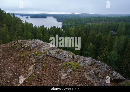 Blick auf einen ruhigen See umgeben von dichtem Wald in Heinola, Finnland Stockfoto