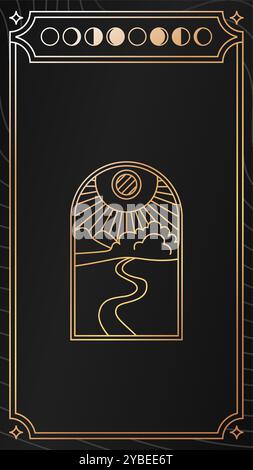 Poster-Vorlage für magische Tarotkarten in Schwarz und Gold. Mystische okkulte Illustrationen, Bohème spirituelle Astrologie Vorlagen Hexenvektor Illustration. Stock Vektor