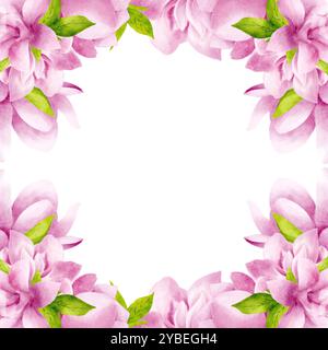 Rahmen von schönen Magnolien in rosa Farbe mit Blättern. Aquarellabbildung. Quadratische Vorlage, leer für Text, isoliert vom Hintergrund Stockfoto