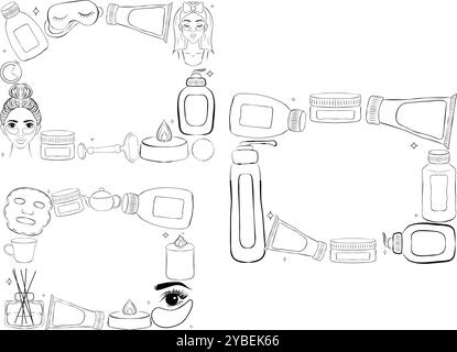 Hautpflege Routine Set von ovalen Rahmen Vektor mit natürlichen organischen Kosmetikprodukten in Flaschen, Gläsern, Röhren für Haut in trendigem Doodle-Stil. Niedliches Motiv Stock Vektor