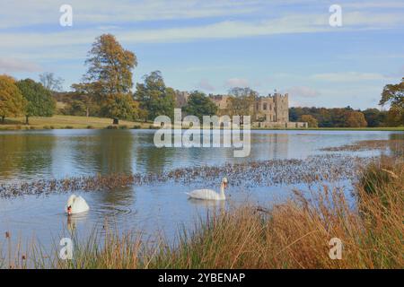 Raby Castle vom See. Raby ist eine mittelalterliche Burg in der Nähe von Staindrop im County Durham, England. Stockfoto