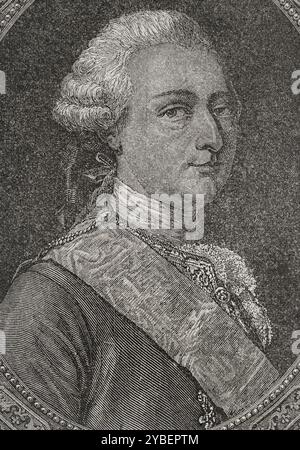 Louis Joseph de Bourbon (1736-1818). Prinz von Conde (1740-1818). Hochformat. Gravur. "Geschichte der Französischen Revolution". Band I, 1876. Stockfoto