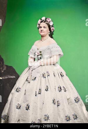 Mary Todd Lincoln. Um 1861. Erstellt von Mathew Brady. Die Farben basieren auf dem „Was tragen sie in Washington?“ Ausstellung in der Abraham Lincoln Presidential Library & Museum. Die Ausstellung zeigt Elizabeth Keckley, die Mrs. Lincoln für dieses Kleid passt. Inferenz: Elizabeth Keckley hat dieses Kleid entworfen. Sie trägt eine Perlenkette und passende Armbänder. Laut der Website des Museums wurde jedes Kleidungsstück, ob als Wandgemälde oder auf dreidimensionalen Figuren getragen, sorgfältig erforscht, bis hin zu Knöpfen, Gürteln und Unterwäsche. Von Donna D. McCr Stockfoto