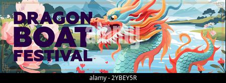 Chinesisches Drachenboot-Rennfestival mit horizontalem Banner. China Duanwu-Feiertag traditionelle feste Mondschlange auf welligen Flusslandschaften. Flyer für asiatische Bootstouren. Übersetzung Dragon Boat Festival Stock Vektor