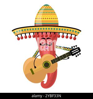Vektor mexikanischer Pfeffer mit Sombrero und Gitarre. Cinco de Mayo Symbol isoliert auf weißem Hintergrund. Stock Vektor