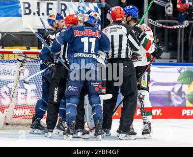 München, Deutschland. Oktober 2024. Eine von zahlreichen Meinungsverschiedenheiten. GER, EHC Red Bull München gegen Augsburger Panther, Eishockey, DEL, 10. Spieltag, Saison 2024/2025, 18.10.2024. Foto: Eibner-Pressefoto/Heike feiner Credit: dpa/Alamy Live News Stockfoto