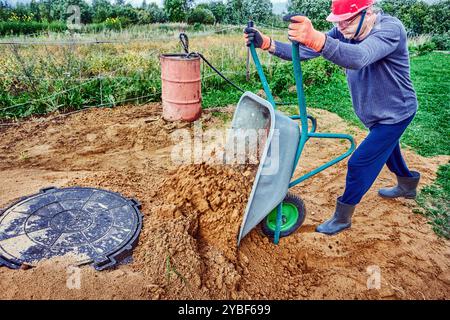 Der Arbeiter erzeugt einen Sandhügel um die Einstiegsöffnung des Klärgrubendeckels, indem er ihn mit einer Schubkarre hineinbringt. Stockfoto