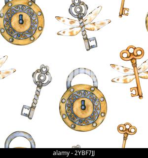 Nahtloses Aquarellmuster mit fliegenden Schlüsseln und einem alten Schloss. Vintage-Hintergrund mit altmodischen Gegenständen. Handgezeichnete Tapeten für Textilien Stockfoto