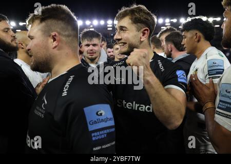 Newcastle, Gbr. September 2024. Ben Stevenson von Newcastle Falcons ist mit einer geballten Faust nach dem Gallagher Premiership-Spiel zwischen Newcastle Falcons und Exeter Chiefs am Freitag, den 18. Oktober 2024, im Kingston Park in Newcastle abgebildet. (Foto: Chris Lishman | MI News) Credit: MI News & Sport /Alamy Live News Stockfoto