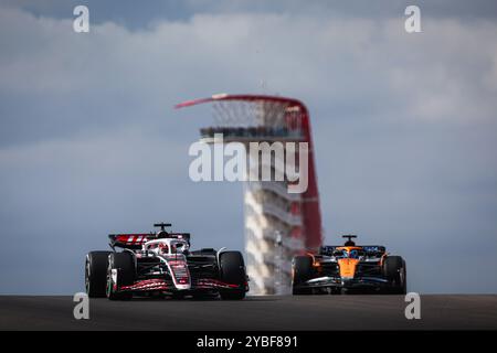 20 MAGNUSSEN Kevin (den), Haas F1 Team VF-24 Ferrari, 81 PIASTRI Oscar (aus), McLaren F1 Team MCL38, Action während des Formel 1 Pirelli United States Grand Prix 2024, 19. Runde der Formel 1 Weltmeisterschaft 2024 vom 18. Bis 20. Oktober 2024 auf dem Circuit of the Americas, in Austin, USA Stockfoto