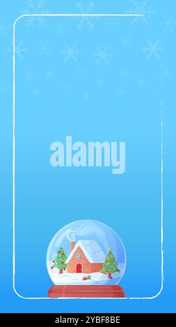 Netter blauer Himmel Weihnachten Storis Vorlage Hintergrund mit Schneekugel mit Haus. Stock Vektor vertikale Illustration im Cartoon-Stil. Stock Vektor