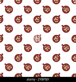 Roter Becher mit Kakao und Marshmallows, Blick von oben. Nahtloses Muster. Vektorillustration auf weißem Hintergrund. Stock Vektor