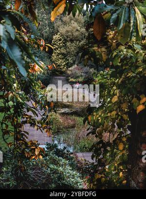 Herbsteinsamkeit eines Touristen, der in London's Hill Garden und Pergola in Hampstead sitzt. Stockfoto