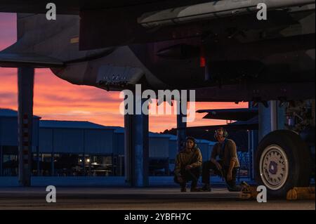 Die der 334th Fighter Generation Squadron zugeordneten US Air Force Airmen führen vor dem Flug Überprüfungen für einen F-15E Strike Eagle durch, bevor sie während einer „Super Nights“-Trainingsveranstaltung auf der Seymour Johnson Air Force Base, North Carolina, am 9. Oktober 2024 starten. Während der Super Nights trug die 334th FGS dazu bei, die Bereitschaft zu verbessern, indem sie die Generation von Nachteinsätzen zur Unterstützung des F-15E Strike Eagle Trainings für die Flugzeugbesatzungsmitglieder der 333rd Fighter Squadron und der 334th FS sicherstellte. (Foto der U.S. Air Force von Tech. Herr Christopher Hubenthal) Stockfoto