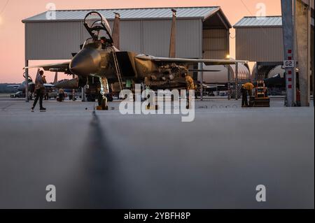 Die der 334th Fighter Generation Squadron zugeordneten US Air Force Airmen führen vor dem Flug Überprüfungen für einen F-15E Strike Eagle durch, bevor sie während einer „Super Nights“-Trainingsveranstaltung auf der Seymour Johnson Air Force Base, North Carolina, am 9. Oktober 2024 starten. Während der Super Nights trug die 334th FGS dazu bei, die Bereitschaft zu verbessern, indem sie die Generation von Nachteinsätzen zur Unterstützung des F-15E Strike Eagle Trainings für die Flugzeugbesatzungsmitglieder der 333rd Fighter Squadron und der 334th FS sicherstellte. (Foto der U.S. Air Force von Tech. Herr Christopher Hubenthal) Stockfoto