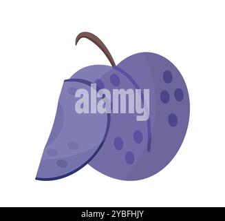 Aufkleber für geschnittene Früchte. Natürliche und organische frische Pflaume. Gesundes Essen und Vitamine. Richtige Ernährung. Vegetarische gesunde Ernährung. Flacher Vektor Stock Vektor