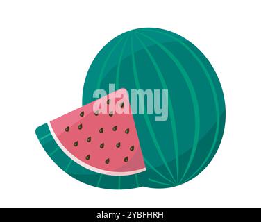 Aufkleber für geschnittene Früchte. Natürliche und organische frische Wassermelone. Gesundes Essen und Vitamine. Richtige Ernährung und Ernährung. Cover, Poster oder Banner. Flach Stock Vektor