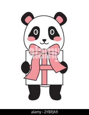 Niedlicher, minimalistischer Panda. Entzückendes asiatisches Tier mit Geschenkschachtel in den Händen. Fröhliches Säugetier. Flauschiges Spielzeug und Maskottchen. Geschenk und Überraschung. Linearer Vektor Stock Vektor