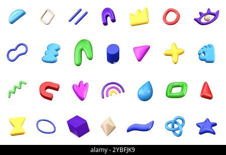 3D-Vektorsammlung verschiedener heller abstrakter realistischer Formen, isoliert auf einem weißen Hintergrund. Verschiedene dekorative mehrfarbige Dekorationen Stock Vektor