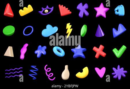 3D-Vektorsammlung verschiedener heller abstrakter realistischer Objekte auf dunklem Hintergrund. Verschiedene dekorative mehrfarbige dekorative Formen. Se Stock Vektor