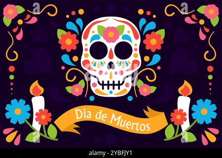 Poster „Dia de muertos“. Traditioneller mexikanischer Feiertag und Festival. Schädel mit bunten Blumen. Tag des Todes. Dekoratives Muster und Ornament. Flach Stock Vektor