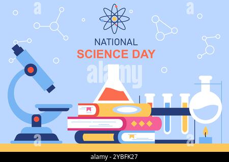 Poster zum Nationalfeiertag der Wissenschaft. Mikroskop, Stapel Bücher und Reagenz. Laborversuche. Wissenschaft und Chemie. Urlaub und Stock Vektor