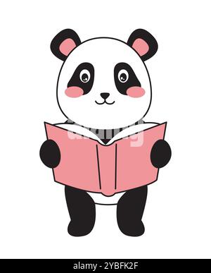 Niedlicher, minimalistischer Panda. Entzückendes asiatisches Tier mit Buch in den Händen. Cleveres Säugetier. Flauschiges Spielzeug und Maskottchen. Lesen und Literatur lieben. Linearer Vektor Stock Vektor