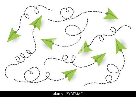 Vector Realistic Green Paper Planes Collection. Symbolgruppe „Papierebene“. Herzförmiges fliegendes Papierflugzeug mit gepunktetem Luftweg. Grünbuch Ebenen mit Stock Vektor